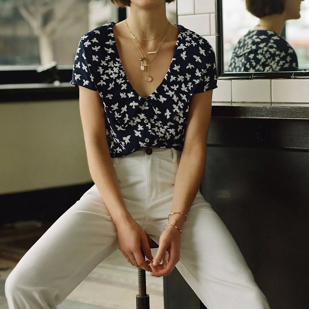 Anthropologie Maeve Simona Printed Top in Blue White Size XS